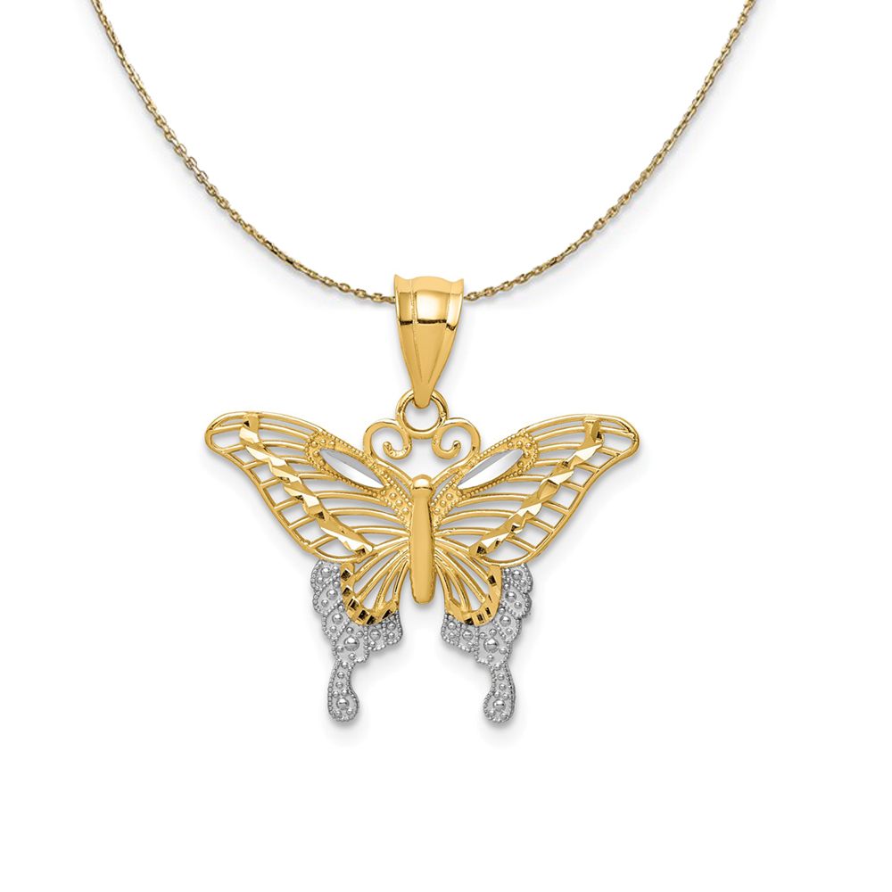 14k Yellow Gold & Rhodium 22mm Diamond Cut Butterfly Necklace