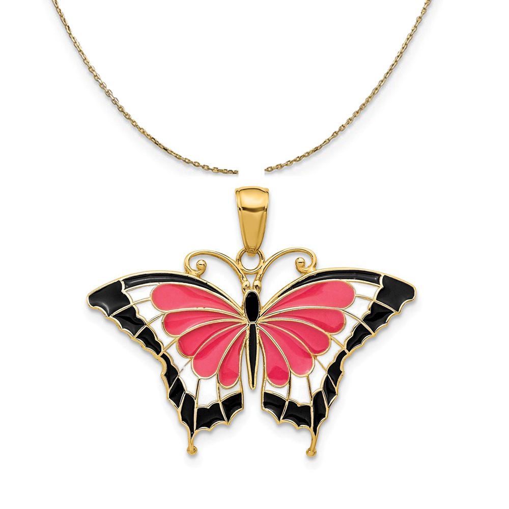 14k Yellow Gold & Pink Clear Acrylic Butterfly Necklace