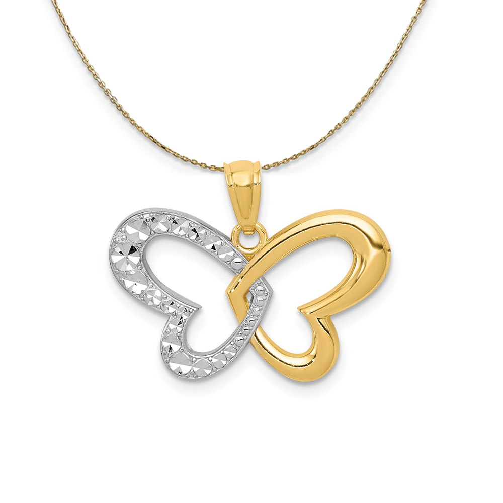 14k Yellow Gold & Rhodium 22mm Heart Winged Butterfly Necklace