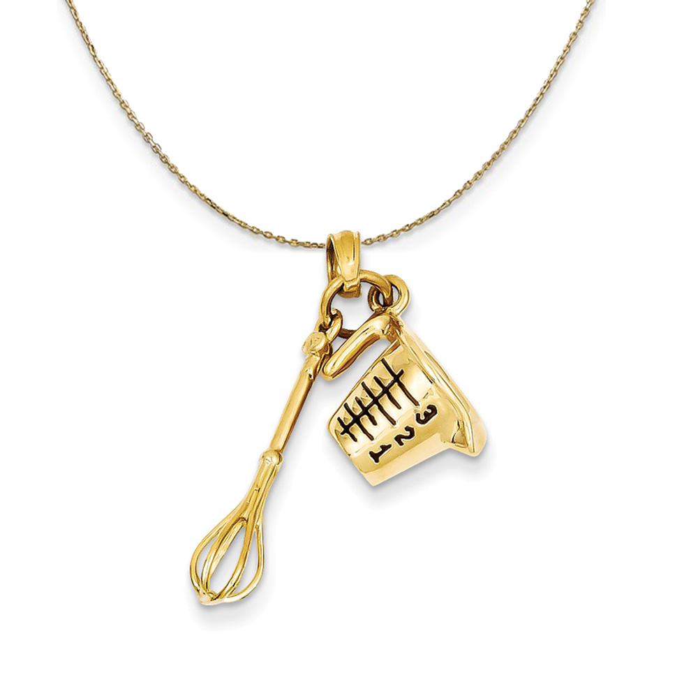 14k Yellow Gold and Enamel 3D Measuring Cup and Whisk Necklace