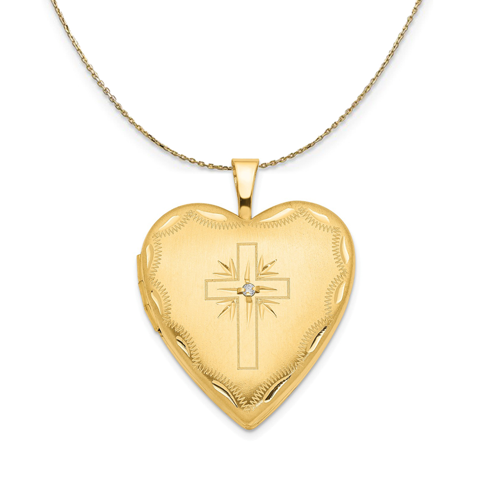 14k Yellow Gold 20mm Heart Cross Locket w Diamond Necklace