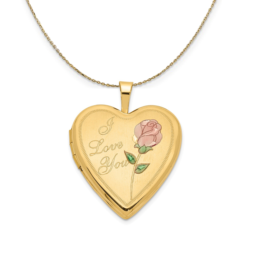 14k Yellow Gold Enamel I Love You Rose Heart Locket Necklace
