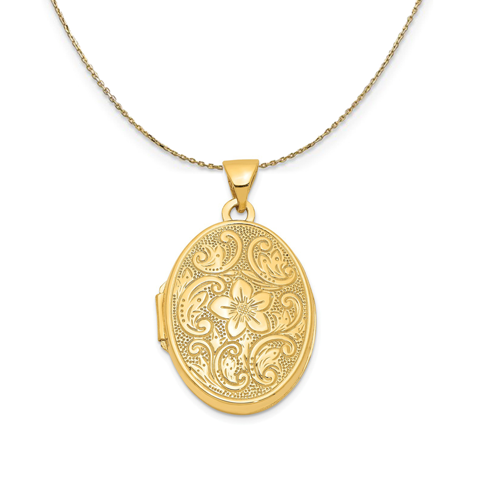 14k Yellow Gold 21mm Scrolled Floral Locket Necklace