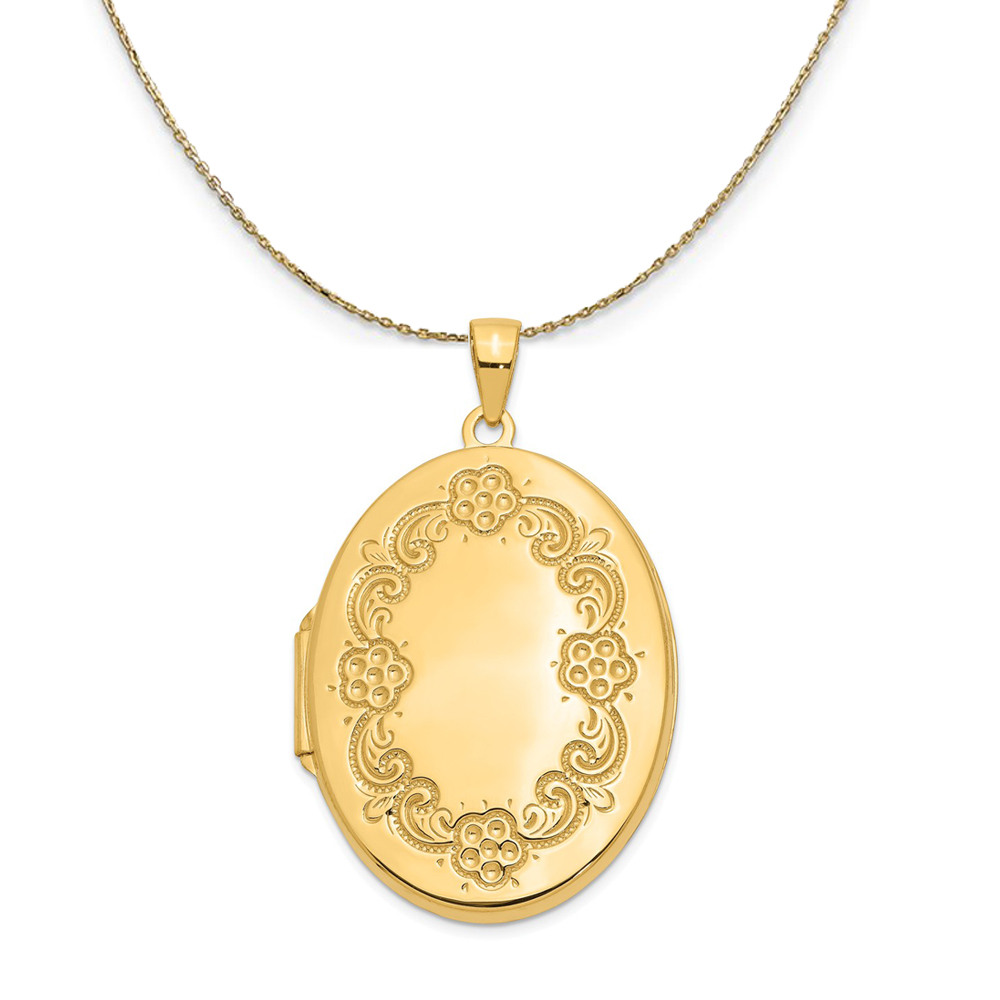 14k Yellow Gold 32mm Floral Border Oval Locket Necklace