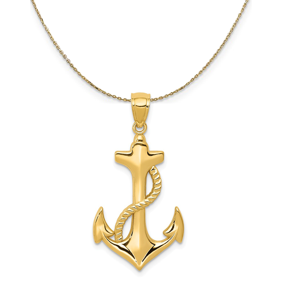 14k Yellow Gold Polished Anchor with Rope Necklace