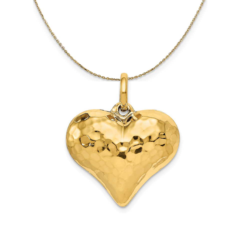 14k Yellow Gold Hollow Hammered Puffed Heart Necklace