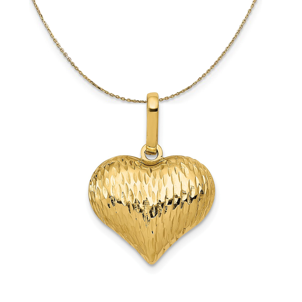 14k Yellow Gold Diamond Cut Puffed Heart Necklace