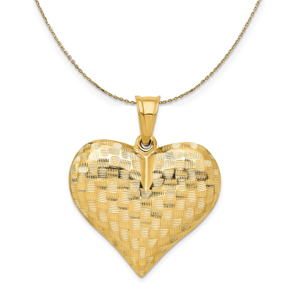 14k Yellow Gold Textured Puff Heart (32mm) Necklace