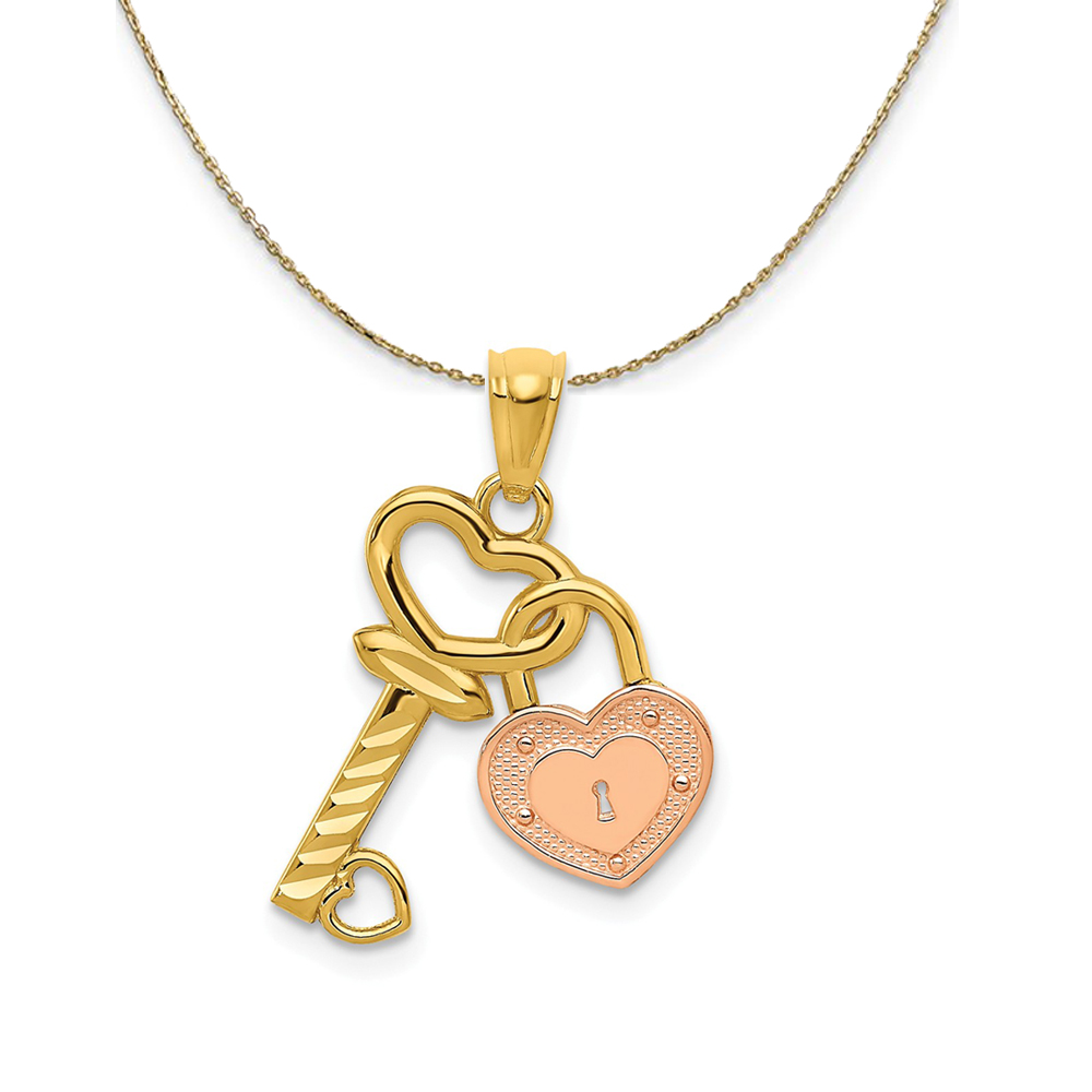 14k Two Tone Gold Heart Lock and Key Necklace