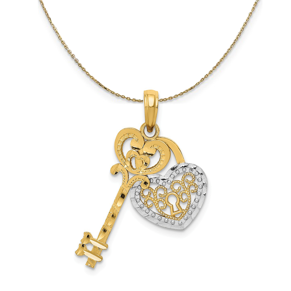 14k Yellow Gold & Rhodium Key and Heart Lock Necklace
