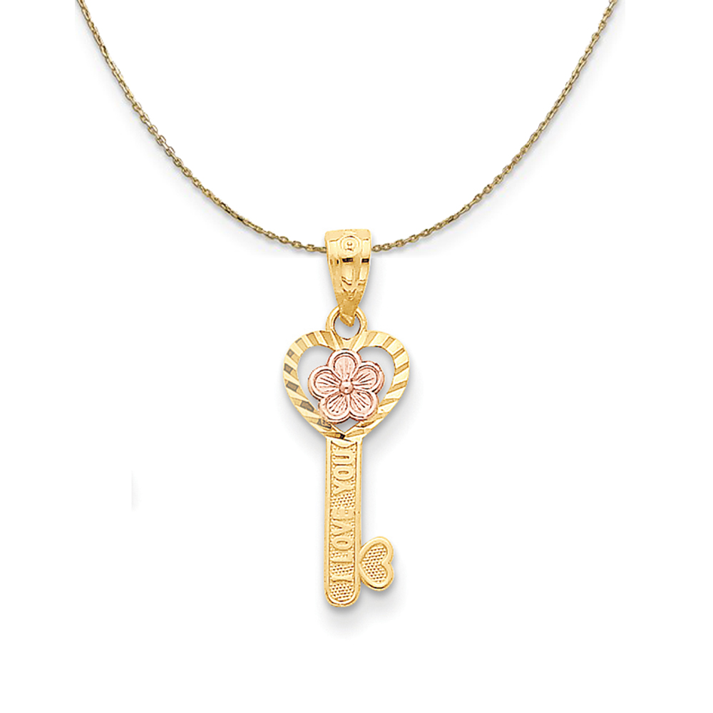 14k Two Tone Gold I Love You Heart with Flower Key Necklace
