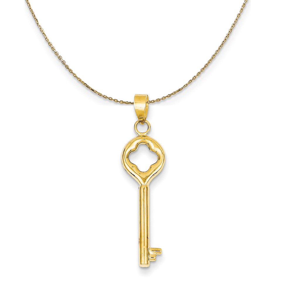 14k Yellow Gold Clover Top Round Key Necklace