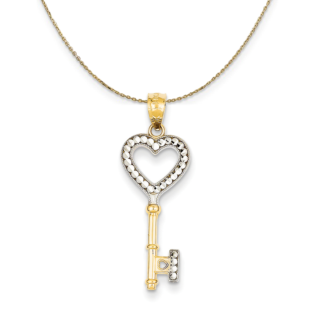 14k Yellow Gold and Rhodium Heart Key (10mm) Necklace