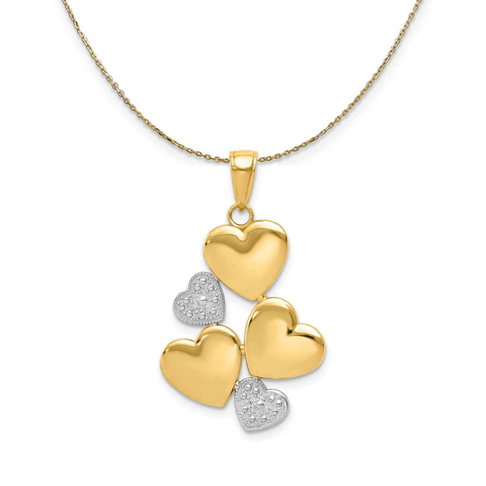 14k Yellow Gold and Rhodium Heart Cluster Necklace