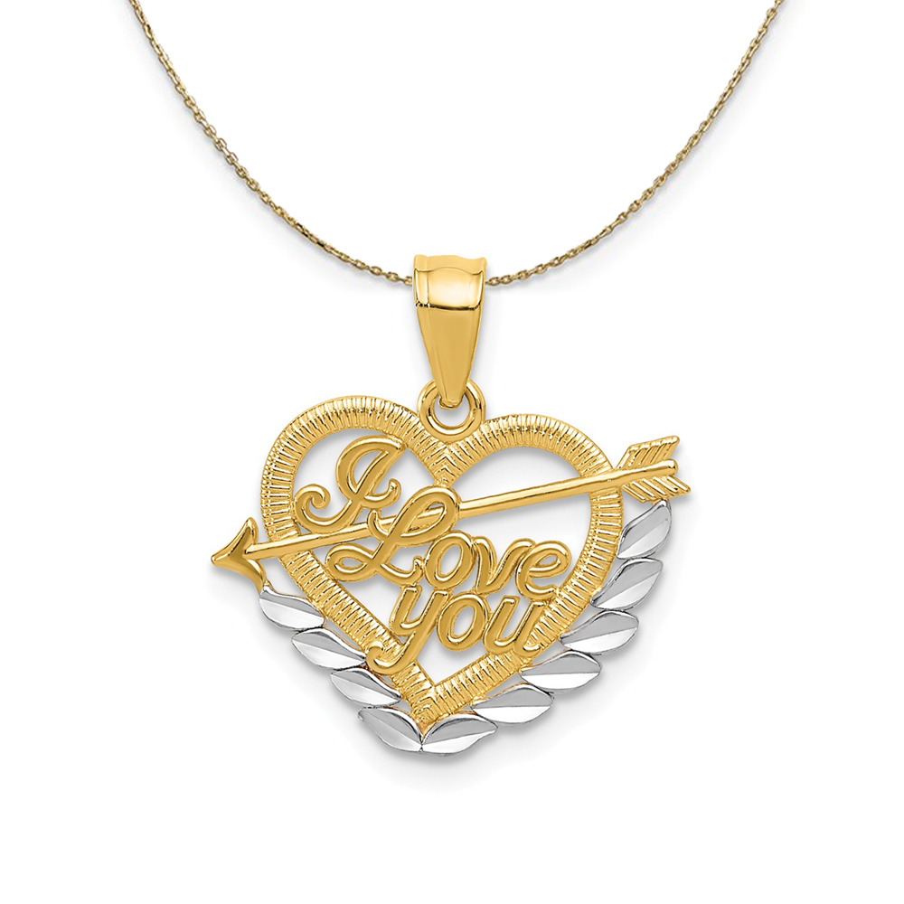 14k Yellow Gold and Rhodium I Love You Heart, 17mm Necklace