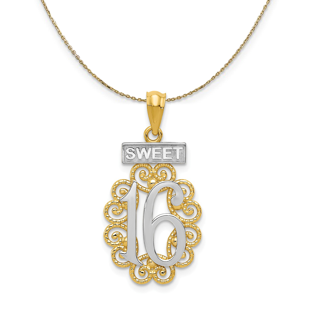 14k Yellow Gold and Rhodium Filigree Sweet 16 Necklace