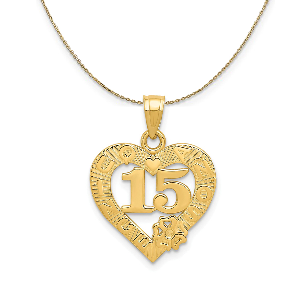 14k Yellow Gold 15 Inside Quince Anos Heart Frame Necklace