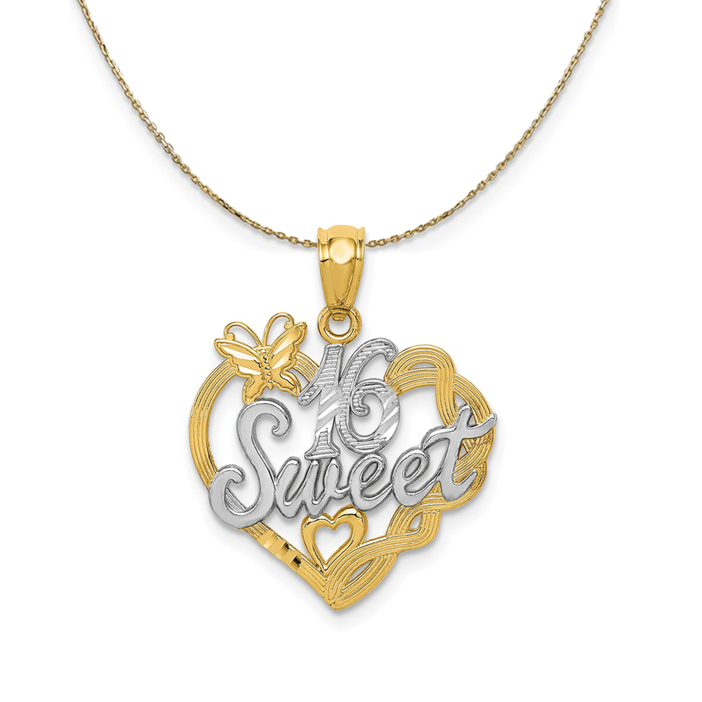 14k Yellow Gold and Rhodium Sweet 16 Butterfly Heart Necklace