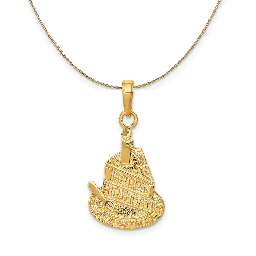 14k Yellow Gold Slice Of Cake, Candle Happy Birthday Necklace