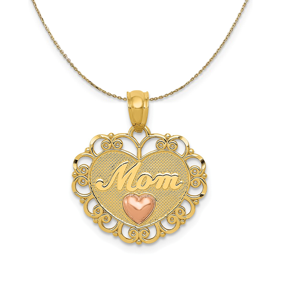 14k Two Tone Gold Mom Scroll Heart Necklace