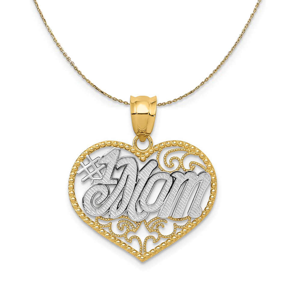 14k Yellow Gold and Rhodium Filigree #1 Mom Heart Necklace