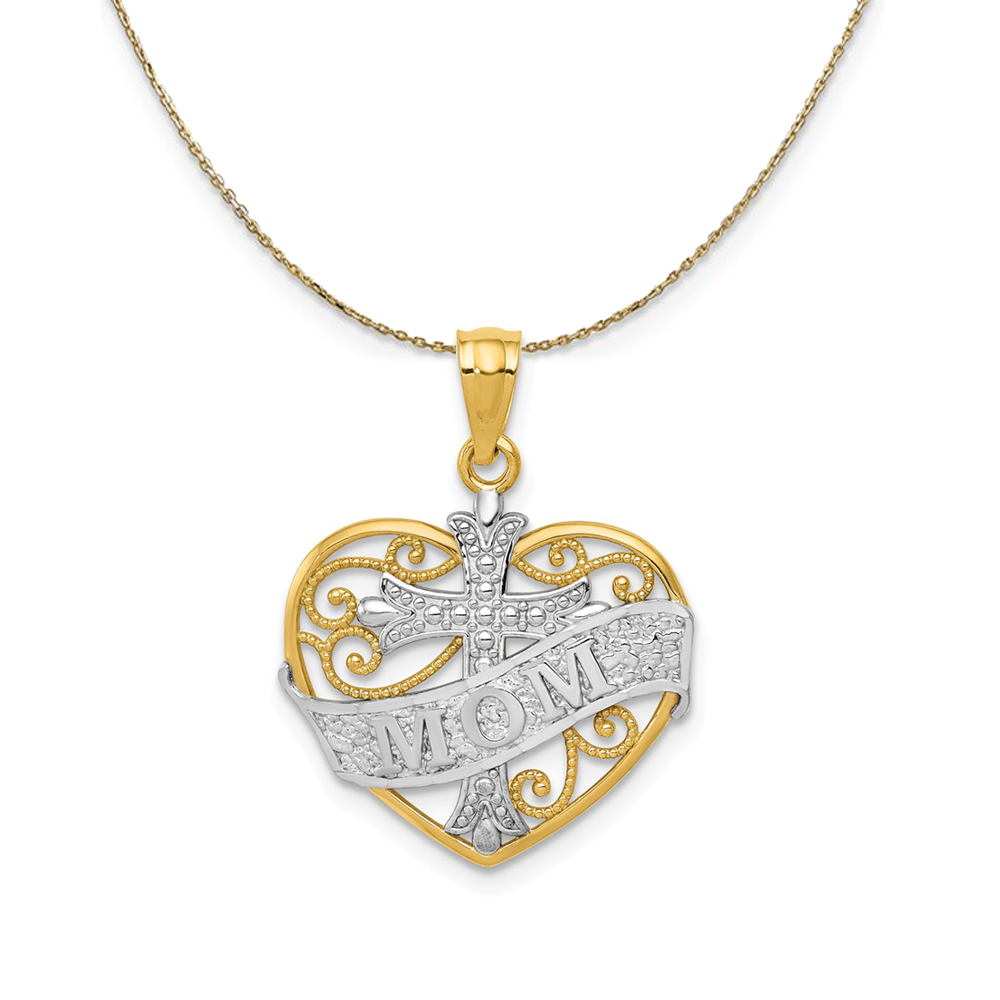 14k Yellow Gold and Rhodium Mom and Cross Heart, 17mm Necklace