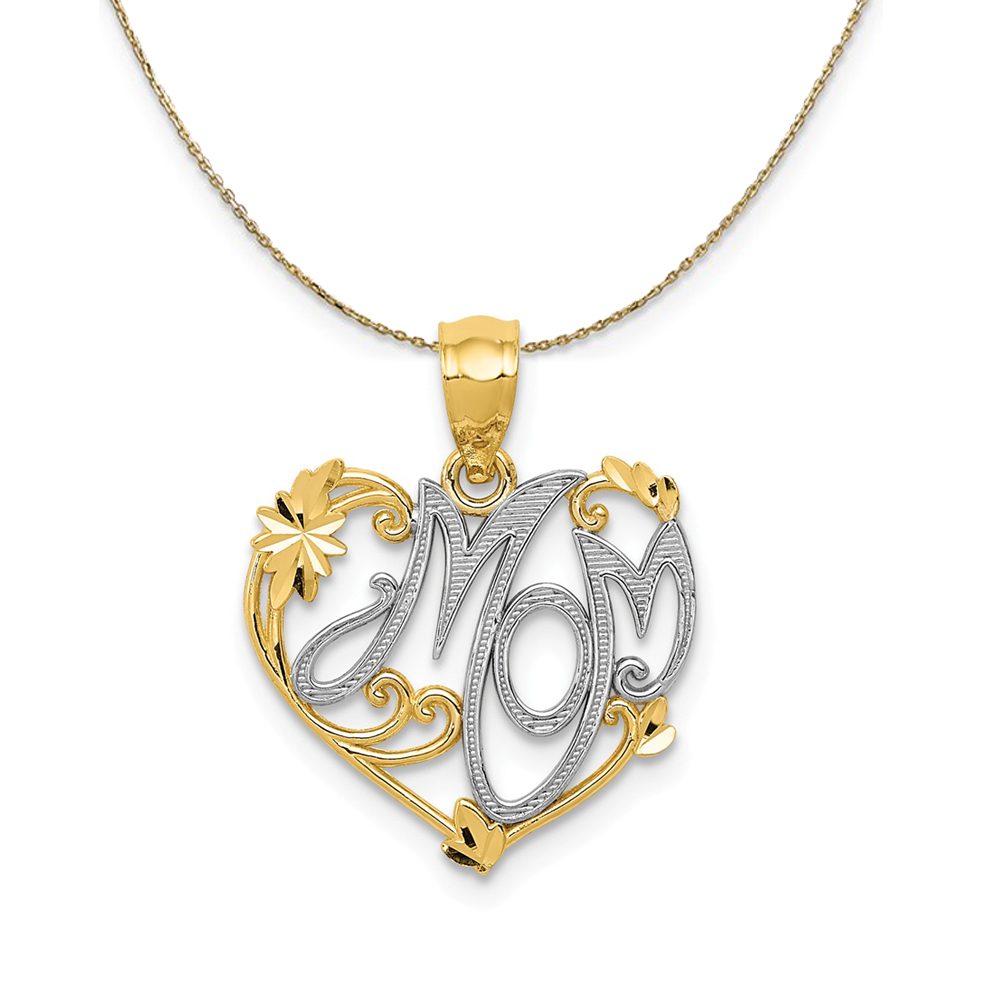 14k Yellow Gold and Rhodium Mom Floral Heart Necklace