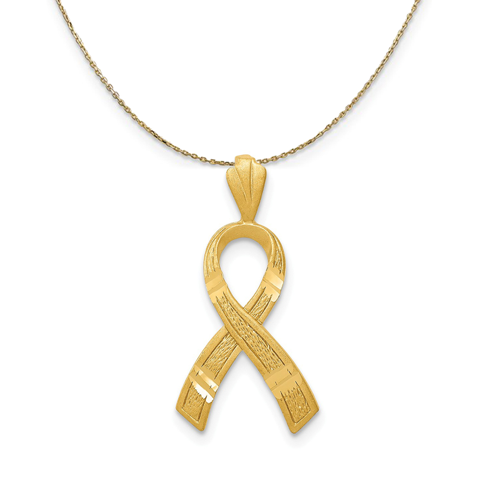 14k Yellow Gold Satin & Diamond Cut Awareness Ribbon Necklace