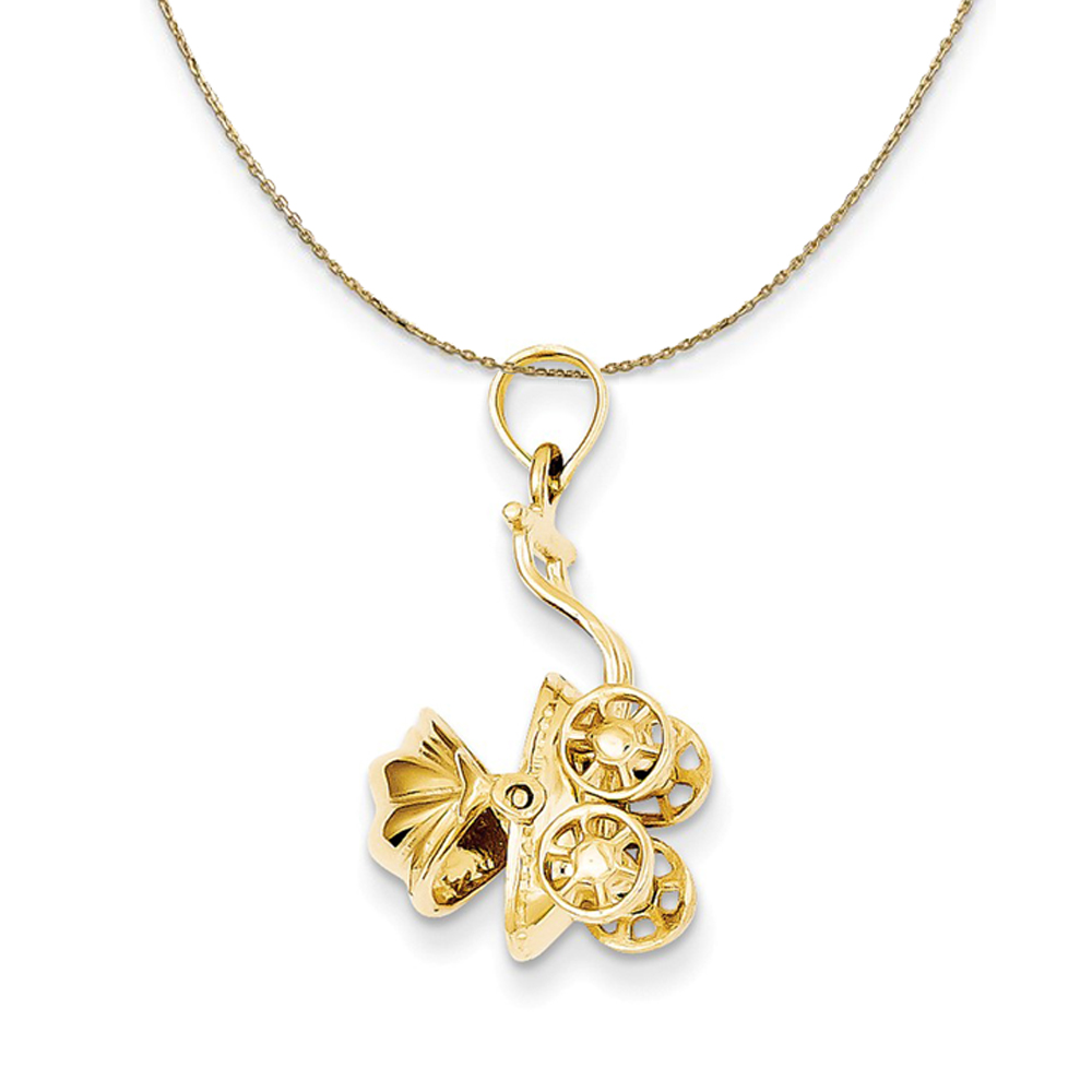 14k Yellow Gold 3D Baby Carriage Pendant, 13 x 23mm Necklace