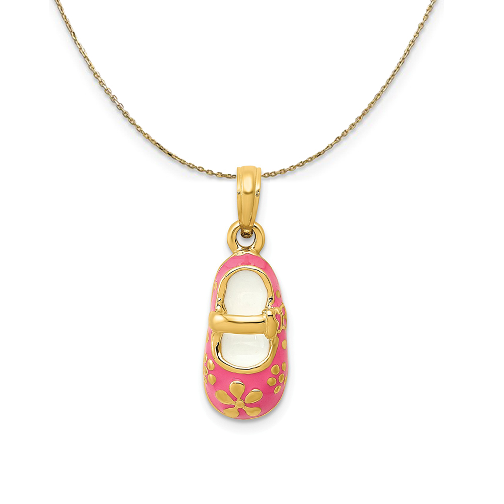 14k Yellow Gold and Enamel Pink Baby Shoe (7 x 22mm) Necklace