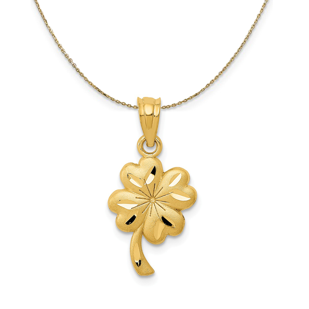 14k Yellow Gold Satin & Diamond Cut Shamrock Necklace