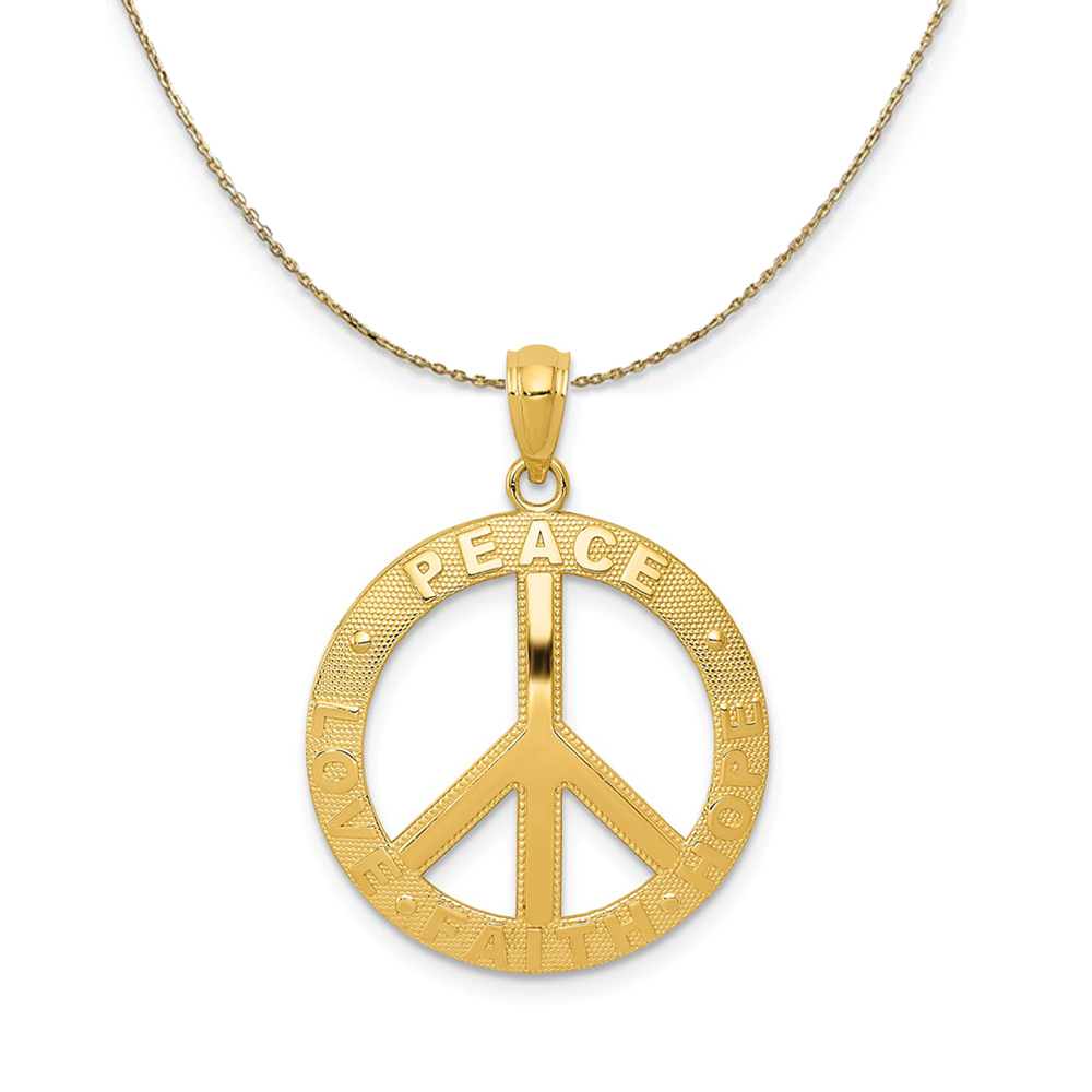 14k Yellow Gold Peace, Hope, Faith, Love, Peace Sign Necklace