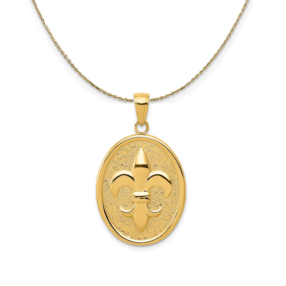 14k Yellow Gold Fleur De Lis Oval Disc (18 x 30mm) Necklace