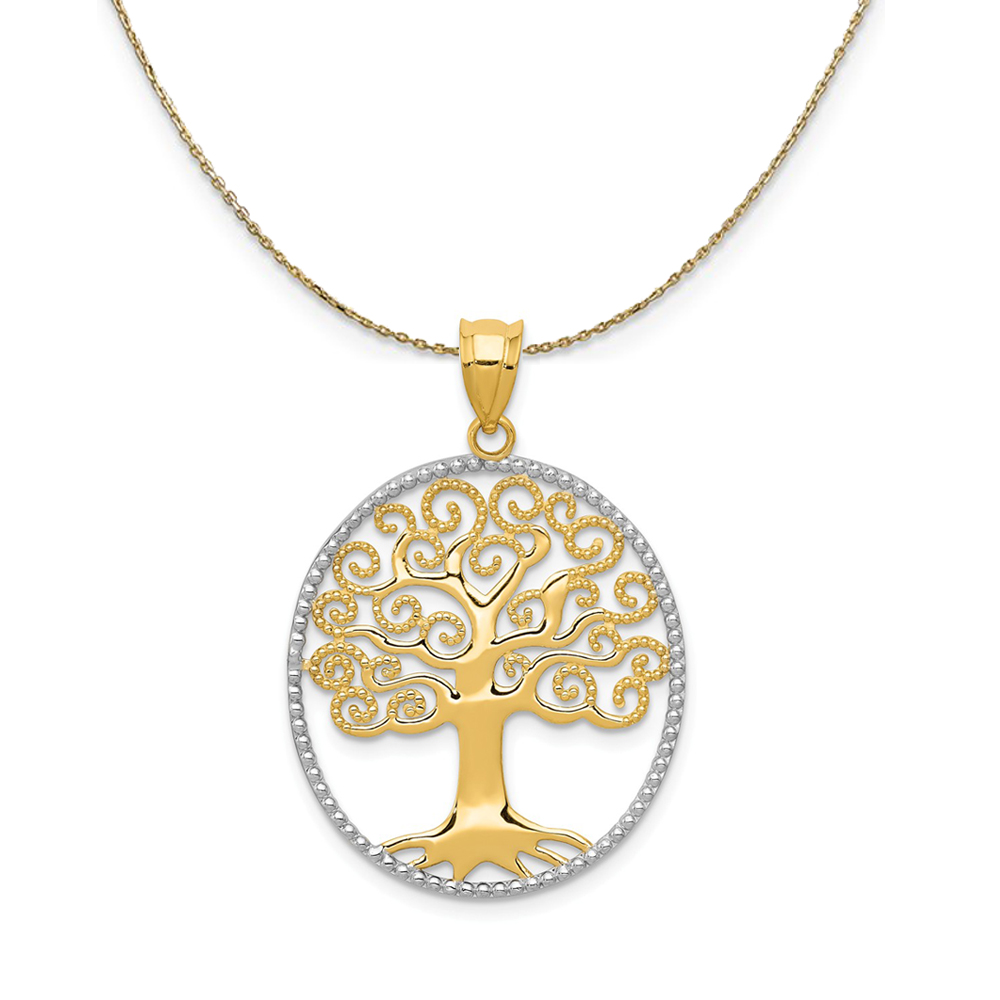 14k Yellow Gold & Rhodium Filigree Tree of Life Necklace