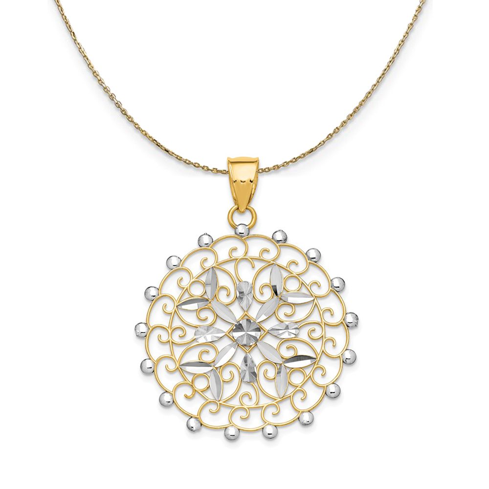 14k Yellow Gold Rhodium Diamond Cut Filigree, 32mm Necklace