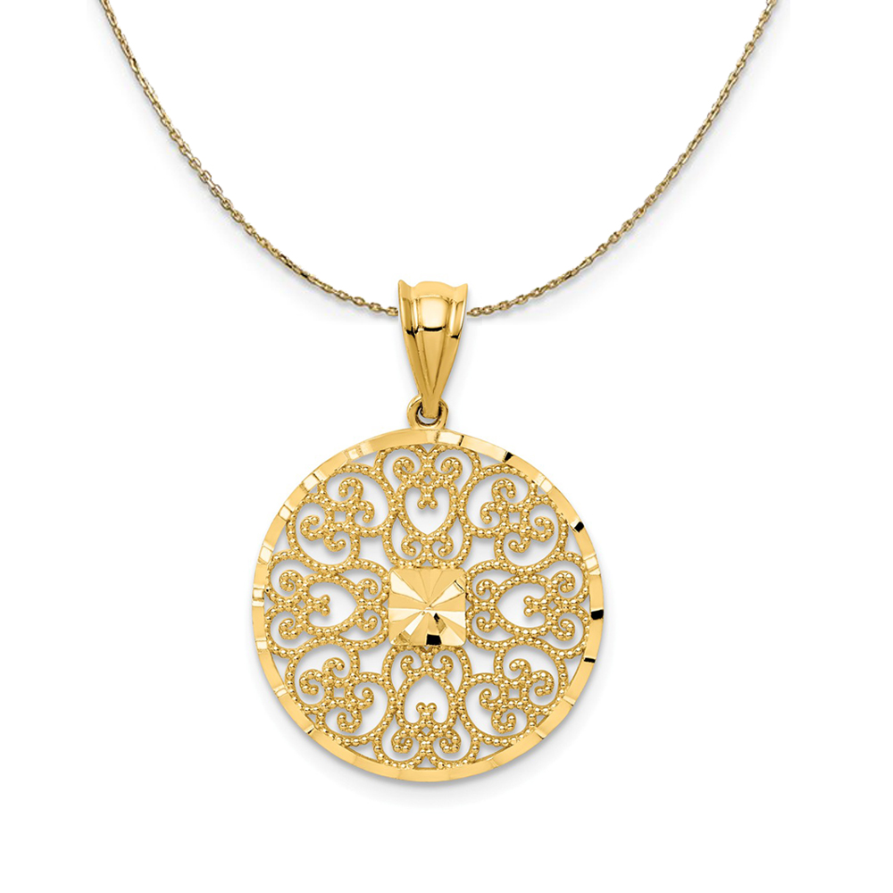 14K Yellow Gold Textured Filigree Circle Necklace