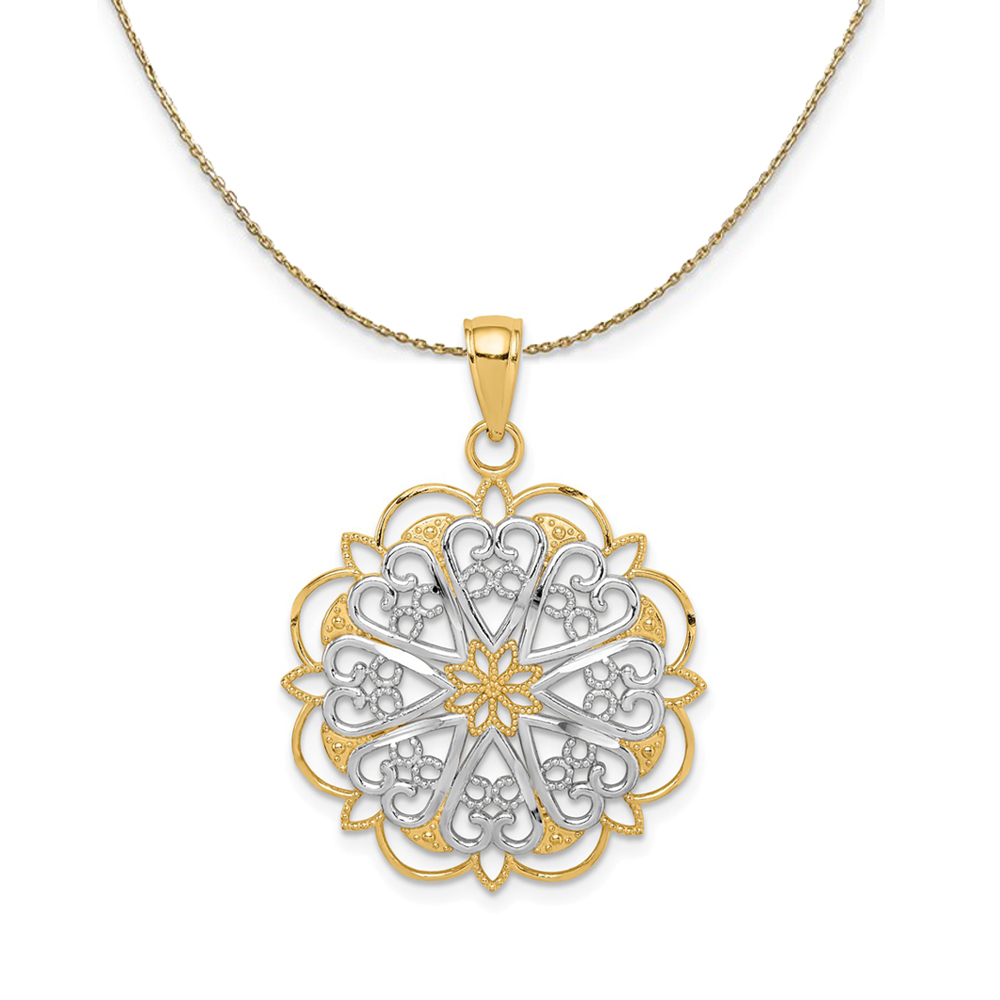 14K Yellow Gold & Rhodium Filigree Hearts Necklace