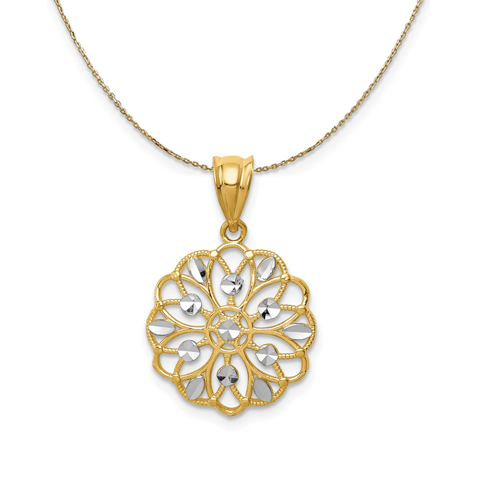 14k Yellow Gold and Rhodium Scalloped Filigree Necklace