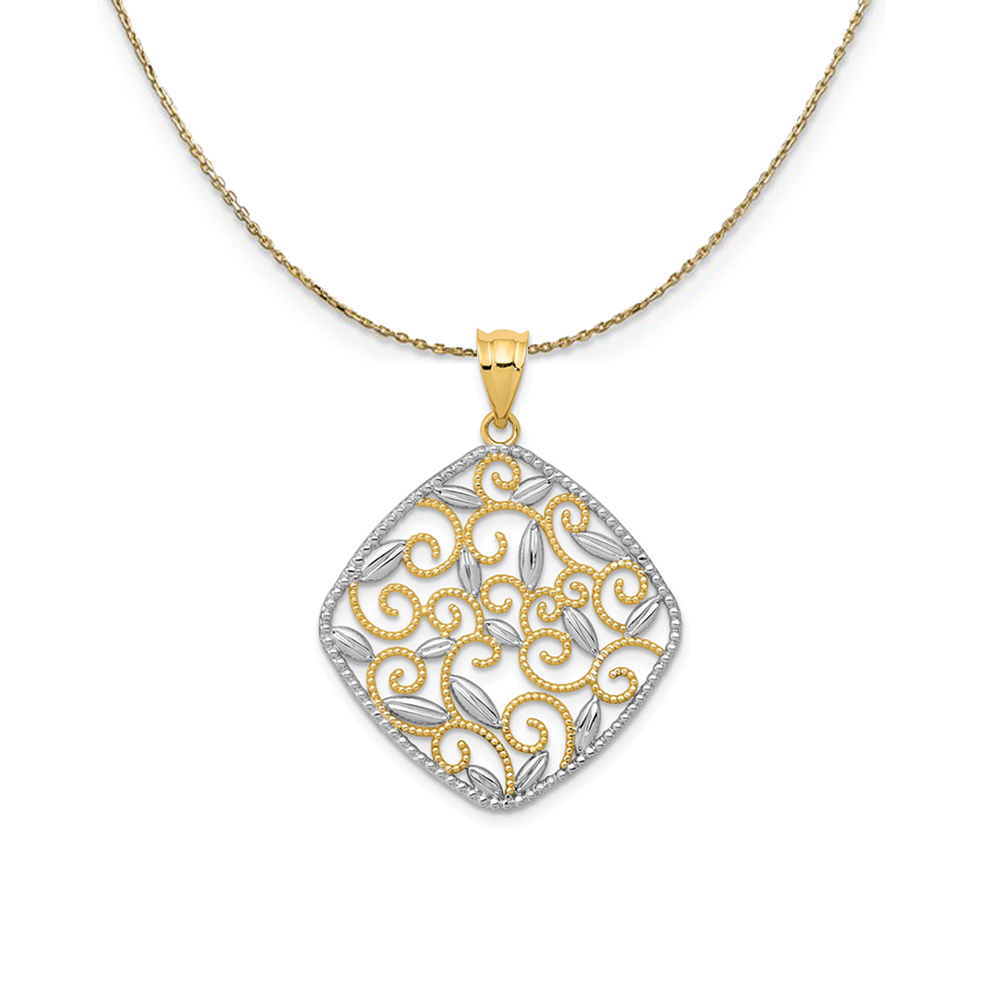 14k Yellow Gold & Rhodium Vine Filigree Rhombus, 25mm Necklace