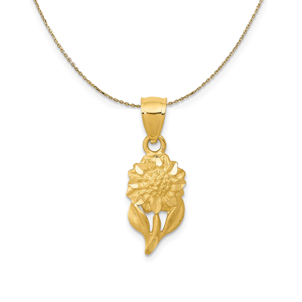 14k Yellow Gold Satin & Diamond Cut Sunflower Necklace
