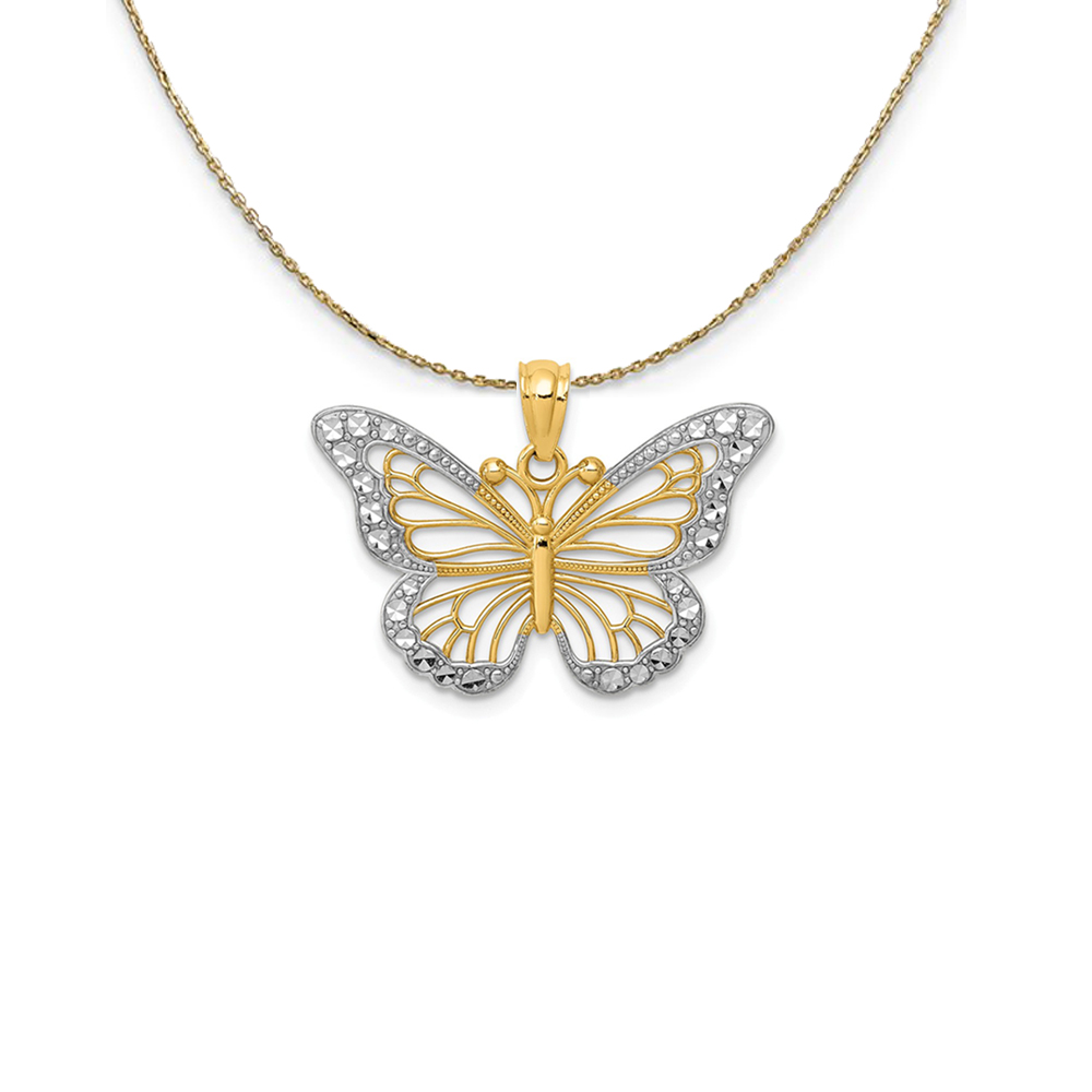 14k Yellow Gold with Rhodium Ornate Butterfly Necklace