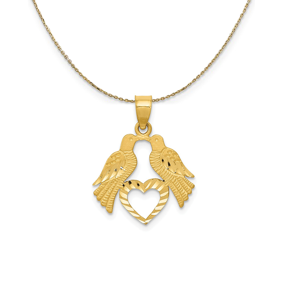 14k Yellow Gold Diamond Cut Love Birds & Heart Necklace