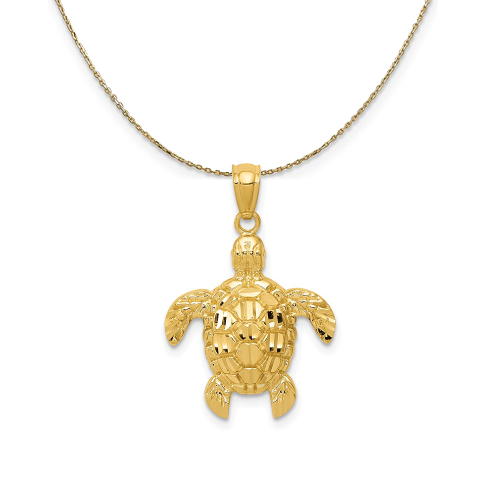 14k Yellow Gold Diamond-Cut Sea Turtle (24mm) Necklace