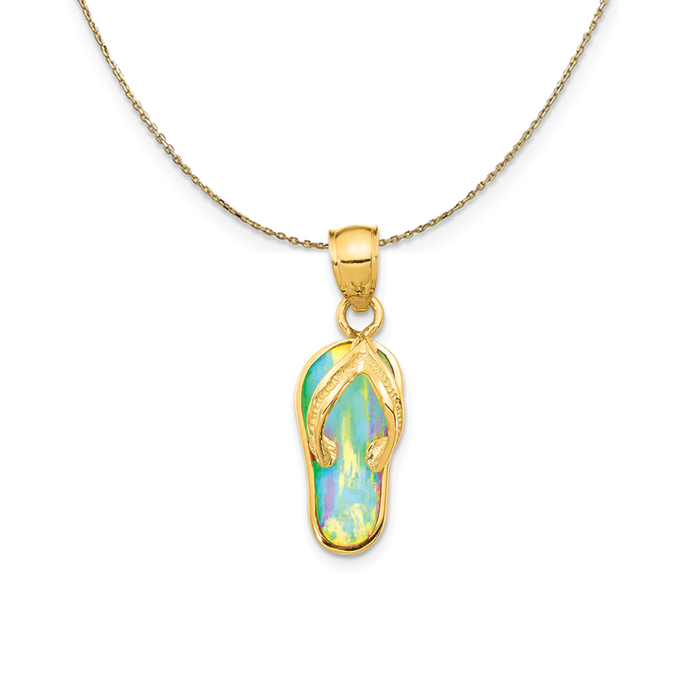 14k Yellow Gold Created White Opal Flip Flop (25mm) Necklace