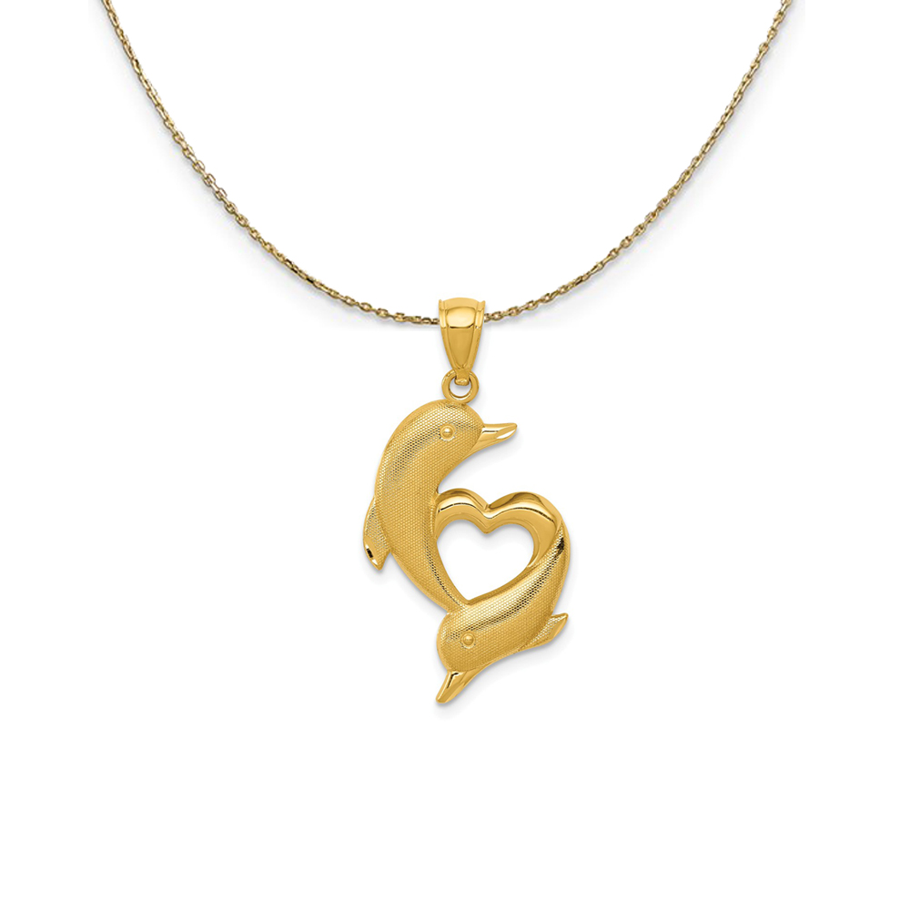 14k Yellow Gold Textured Dolphins and Heart (33mm) Necklace