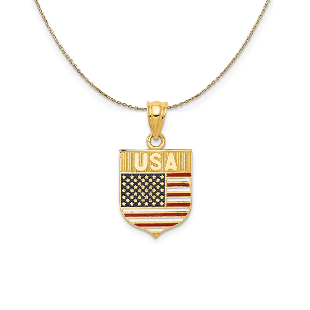 14k Yellow Gold and Enamel USA Flag Shield (24mm) Necklace