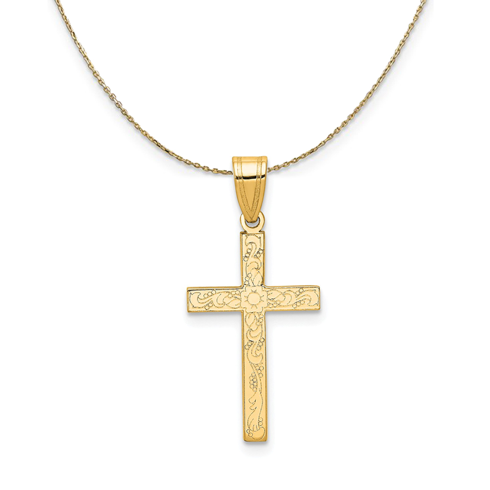 14k Yellow Gold, Floral, Latin Cross Necklace