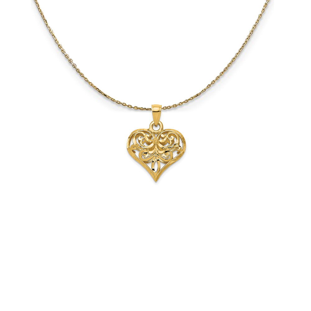 14k Yellow Gold Diamond Cut Puffed Heart Necklace
