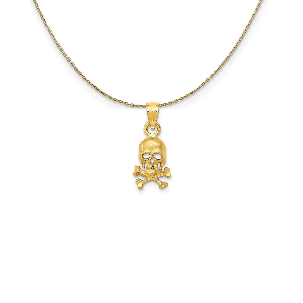 14k Yellow Gold Satin Skull and Crossbones Necklace