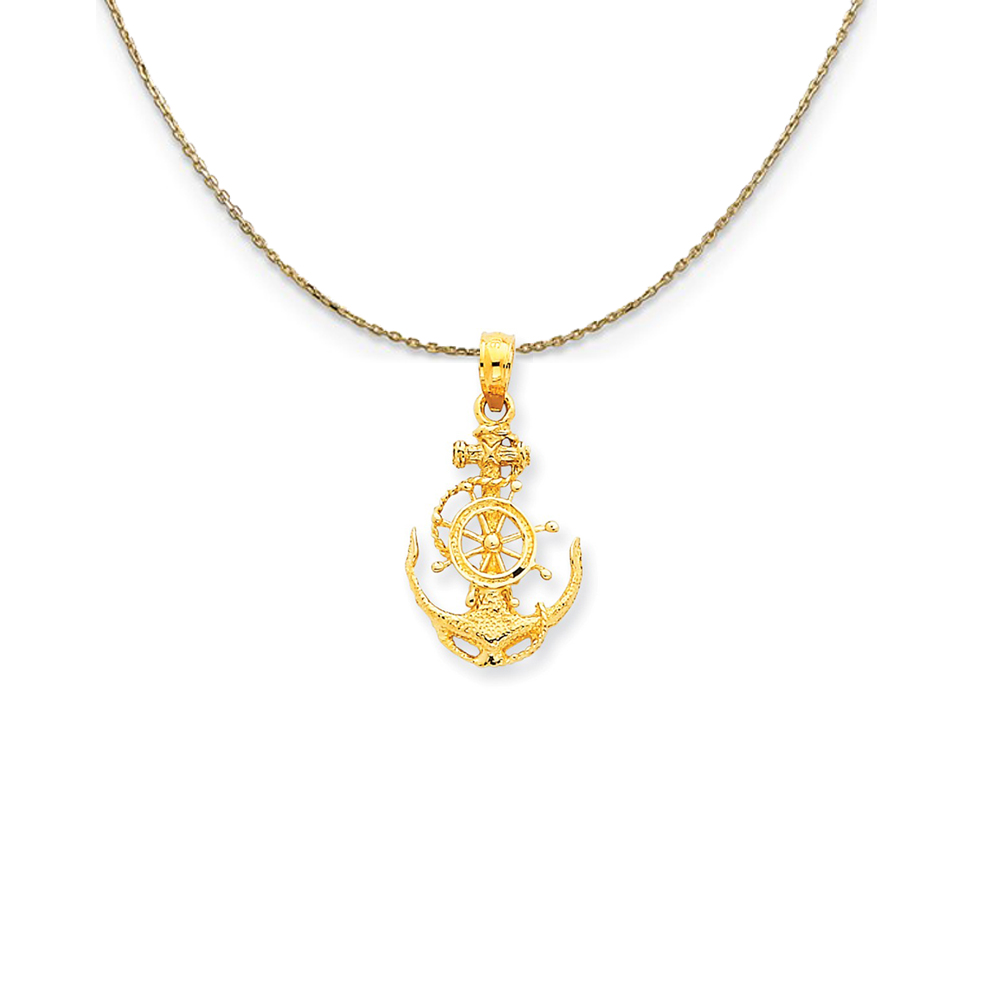 14k Yellow Gold Anchor, Ship's Wheel and Rope Necklace
